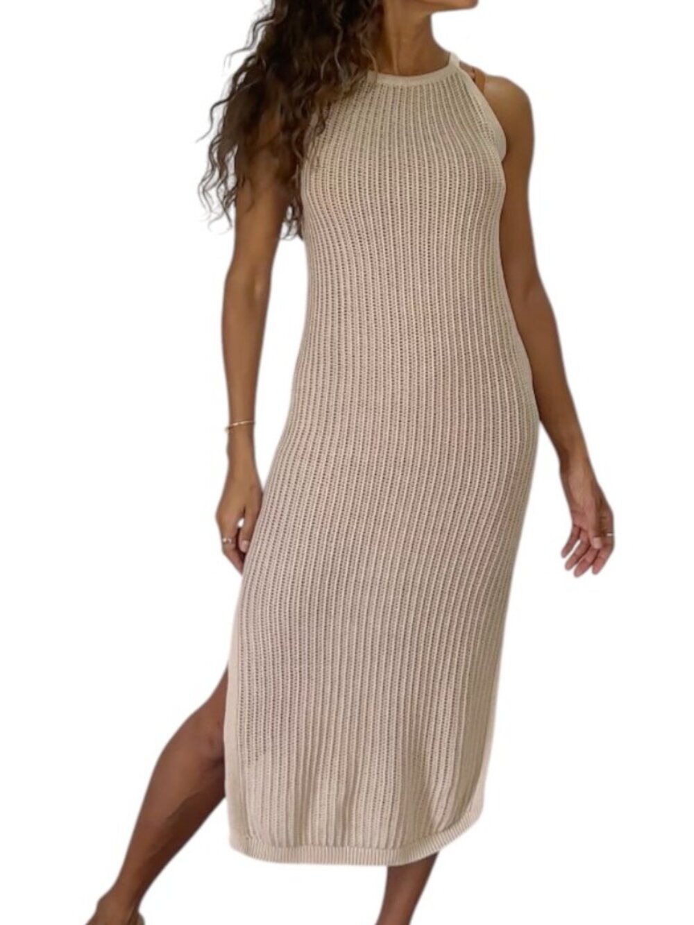 Tahari Light Taupe Beige Open Knit Maxi Dress Sleeveless Cotton Viscose Size XS